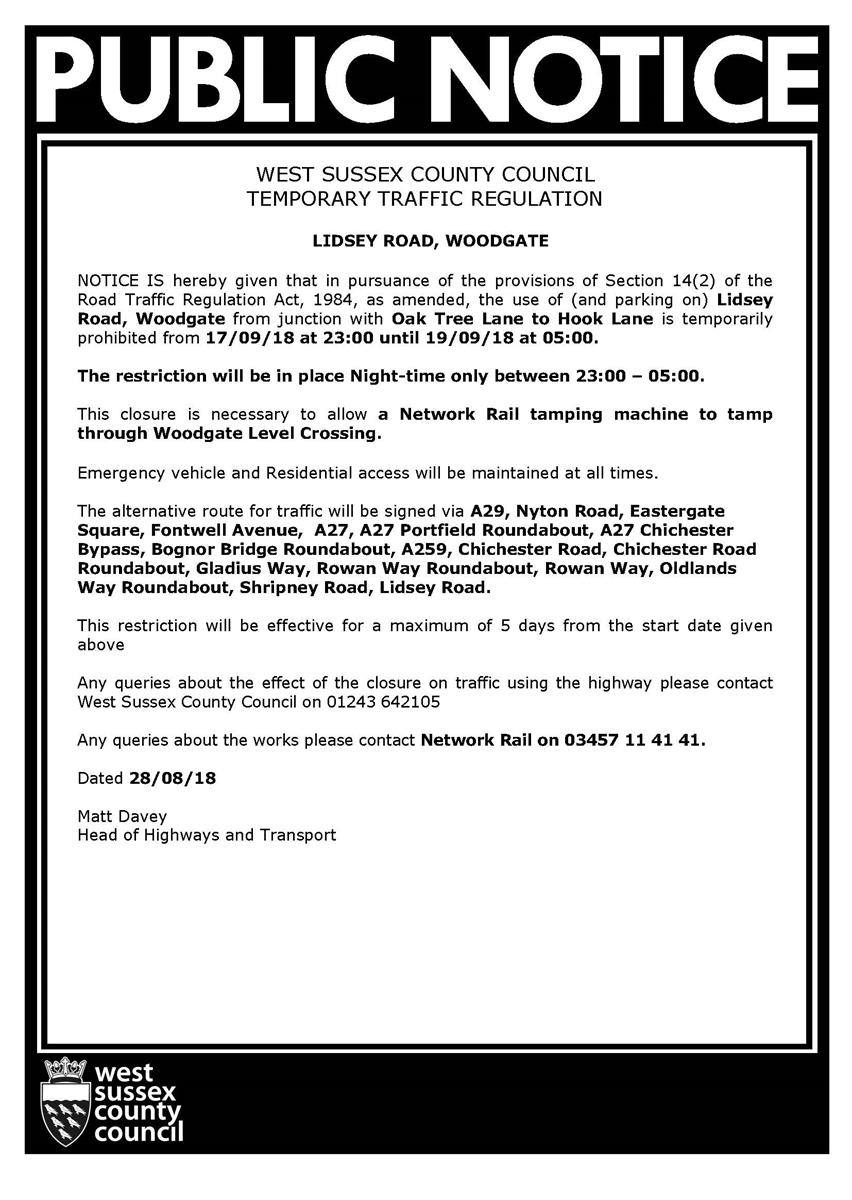 Notice of Road Closure Bognor Regis Town Council